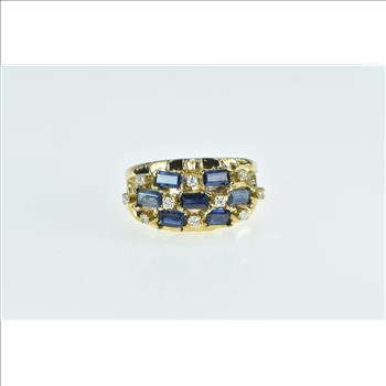 18K Baguette Sapphire Diamond Checkered Yellow Gold Ring, Size 6.25