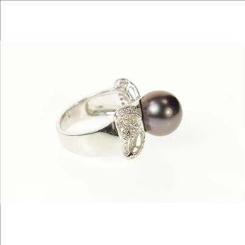 18K Black Pearl Diamond Ornate Bow Cocktail White Gold Ring, Size 6.75