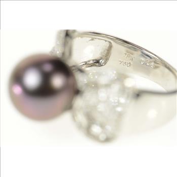 18K Black Pearl Diamond Ornate Bow Cocktail White Gold Ring, Size 6.75