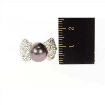 18K Black Pearl Diamond Ornate Bow Cocktail White Gold Ring, Size 6.75