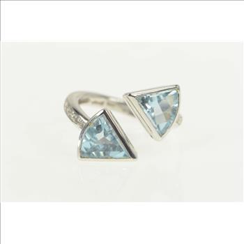 18K Blue Topaz Diamond Arrow Wrap Bypass White Gold Ring, Size 6.5