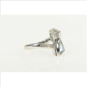 18K Blue Topaz Diamond Arrow Wrap Bypass White Gold Ring, Size 6.5