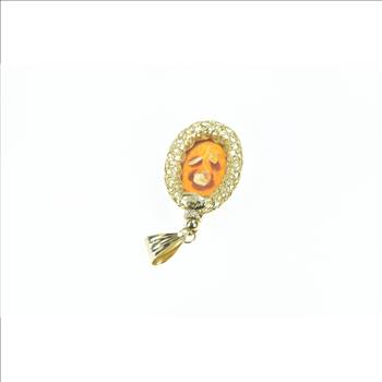 18K Carved Amber Rose Flower Cabochon Yellow Gold Pendant