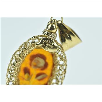 18K Carved Amber Rose Flower Cabochon Yellow Gold Pendant