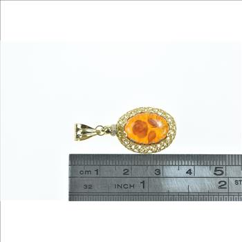 18K Carved Amber Rose Flower Cabochon Yellow Gold Pendant
