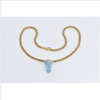18K Carved Blue Topaz Diamond Ram Woven Chain Yellow Gold Necklace 17