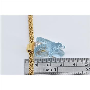 18K Carved Blue Topaz Diamond Ram Woven Chain Yellow Gold Necklace 17