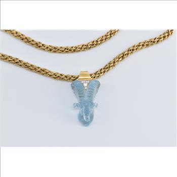 18K Carved Blue Topaz Diamond Ram Woven Chain Yellow Gold Necklace 17