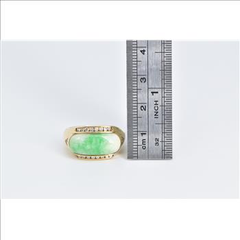 18K Carved Jade Diamond Vintage Statement Yellow Gold Ring, Size 7.5