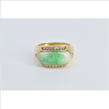 18K Carved Jade Diamond Vintage Statement Yellow Gold Ring, Size 7.5