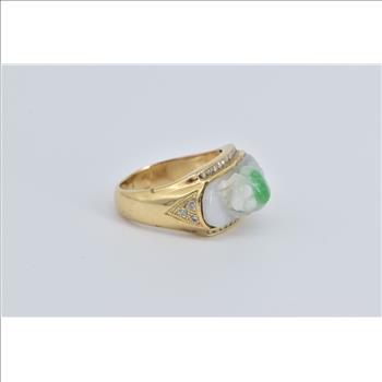 18K Carved Jade Frog Diamond Chinese Statement Yellow Gold Ring, Size 9.25