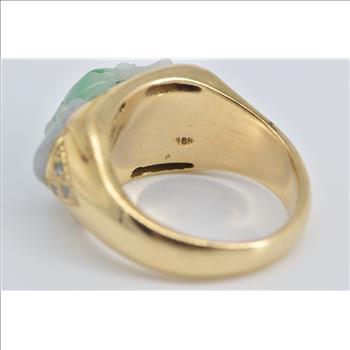 18K Carved Jade Frog Diamond Chinese Statement Yellow Gold Ring, Size 9.25