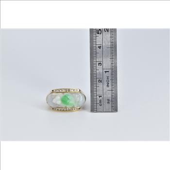 18K Carved Jade Frog Diamond Chinese Statement Yellow Gold Ring, Size 9.25