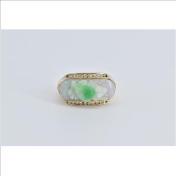 18K Carved Jade Frog Diamond Chinese Statement Yellow Gold Ring, Size 9.25
