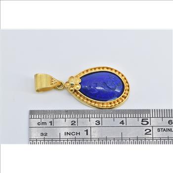 18K Carved Lapis Lazuli Mermaid Pear Ornate Yellow Gold Pendant