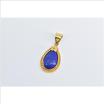 18K Carved Lapis Lazuli Mermaid Pear Ornate Yellow Gold Pendant