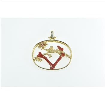 18K Denny Wong Coral Tree Branch Bird Diamond Yellow Gold Pendant
