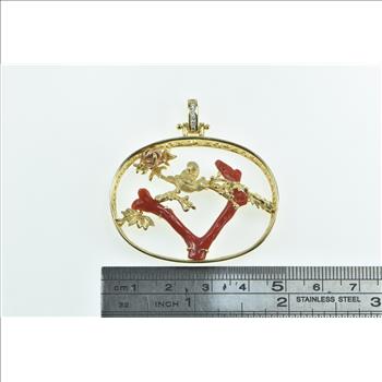 18K Denny Wong Coral Tree Branch Bird Diamond Yellow Gold Pendant