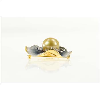 18K Designer Pearl Diamond Lily Pad Leaf Flower Yellow Gold Pendant/Pin