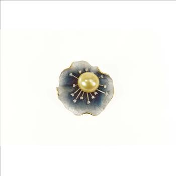 18K Designer Pearl Diamond Lily Pad Leaf Flower Yellow Gold Pendant/Pin