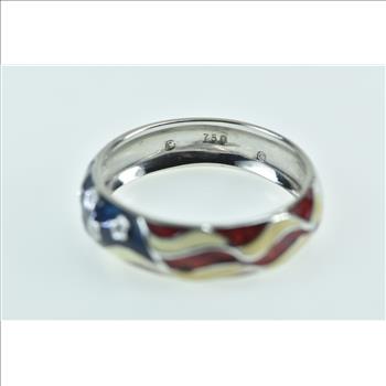 18K Diamond Enamel American Flag Patriotic White Gold Ring, Size 9.25