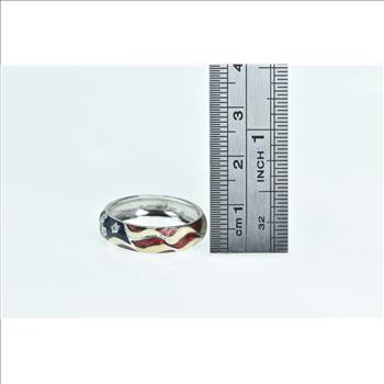 18K Diamond Enamel American Flag Patriotic White Gold Ring, Size 9.25