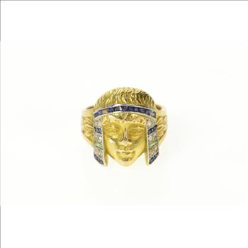 18K Egyptian Diamond Sapphire Emerald Cleopatra Yellow Gold Ring, Size 3.5