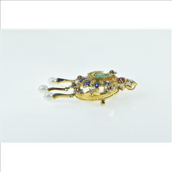 18K Elaborate Emerald Enamel Ruby Diamond Fringe Yellow Gold Pendant/Pin