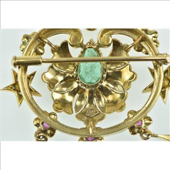 18K Elaborate Emerald Enamel Ruby Diamond Fringe Yellow Gold Pendant/Pin