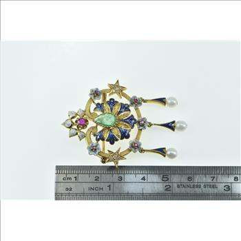 18K Elaborate Emerald Enamel Ruby Diamond Fringe Yellow Gold Pendant/Pin