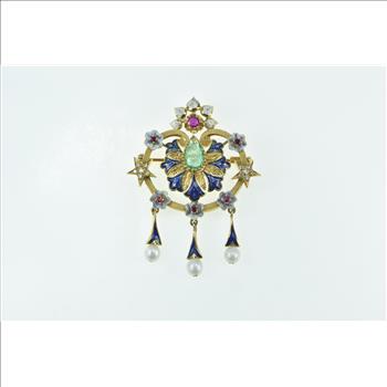 18K Elaborate Emerald Enamel Ruby Diamond Fringe Yellow Gold Pendant/Pin