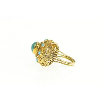 18K Elaborate Turquoise Oval Domed Filigree Yellow Gold Ring, Size 9.75