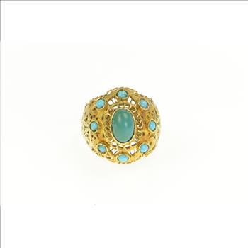 18K Elaborate Turquoise Oval Domed Filigree Yellow Gold Ring, Size 9.75