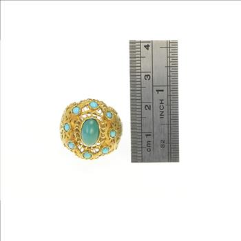 18K Elaborate Turquoise Oval Domed Filigree Yellow Gold Ring, Size 9.75