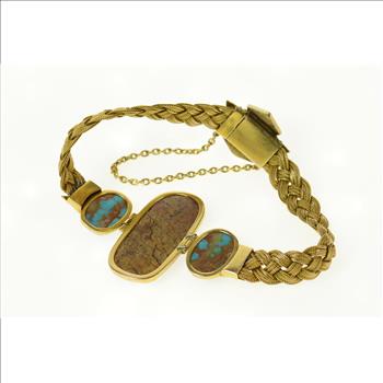 18K Elaborate Turquoise Woven Braided Chain Yellow Gold Bracelet 8