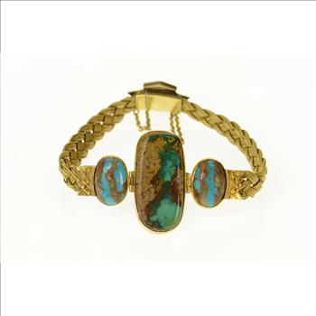 18K Elaborate Turquoise Woven Braided Chain Yellow Gold Bracelet 8