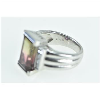 18K Emerald Cut Watermelon Tourmaline Diamond White Gold Ring, Size 5.25
