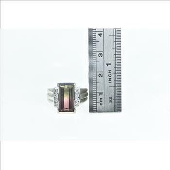 18K Emerald Cut Watermelon Tourmaline Diamond White Gold Ring, Size 5.25