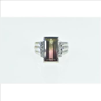 18K Emerald Cut Watermelon Tourmaline Diamond White Gold Ring, Size 5.25