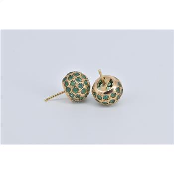 18K Emerald Encrusted Round Vintage Stud Yellow Gold Earrings