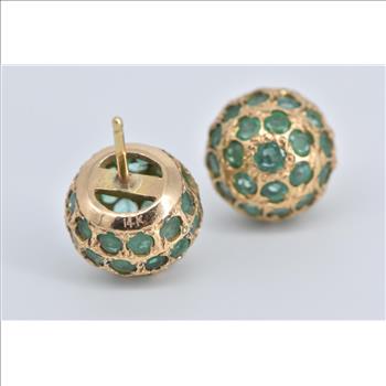 18K Emerald Encrusted Round Vintage Stud Yellow Gold Earrings