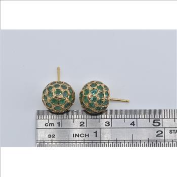 18K Emerald Encrusted Round Vintage Stud Yellow Gold Earrings
