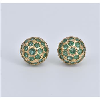 18K Emerald Encrusted Round Vintage Stud Yellow Gold Earrings