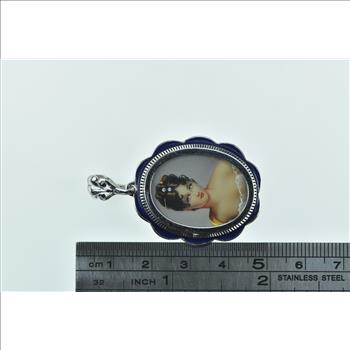 18K Gem Haired Painted Lady Blue Enamel Yellow Gold Pendant/Pin