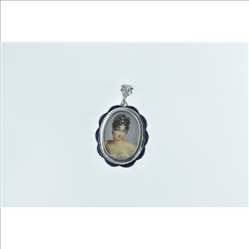 18K Gem Haired Painted Lady Blue Enamel Yellow Gold Pendant/Pin