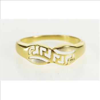 18K Greek Key Wave Pattern Two Tone Band Yellow Gold Ring, Size 7.25