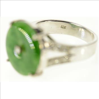 18K Jade Diamond Round Ornate Statement White Gold Ring, Size 8