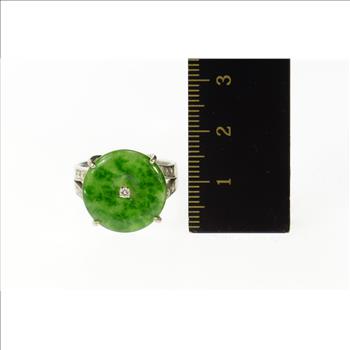 18K Jade Diamond Round Ornate Statement White Gold Ring, Size 8