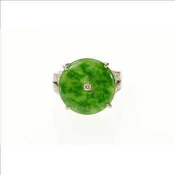18K Jade Diamond Round Ornate Statement White Gold Ring, Size 8