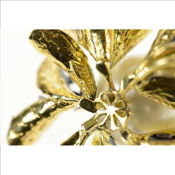 18K JY Designer Pearl Enamel Diamond Flower Yellow Gold Pendant